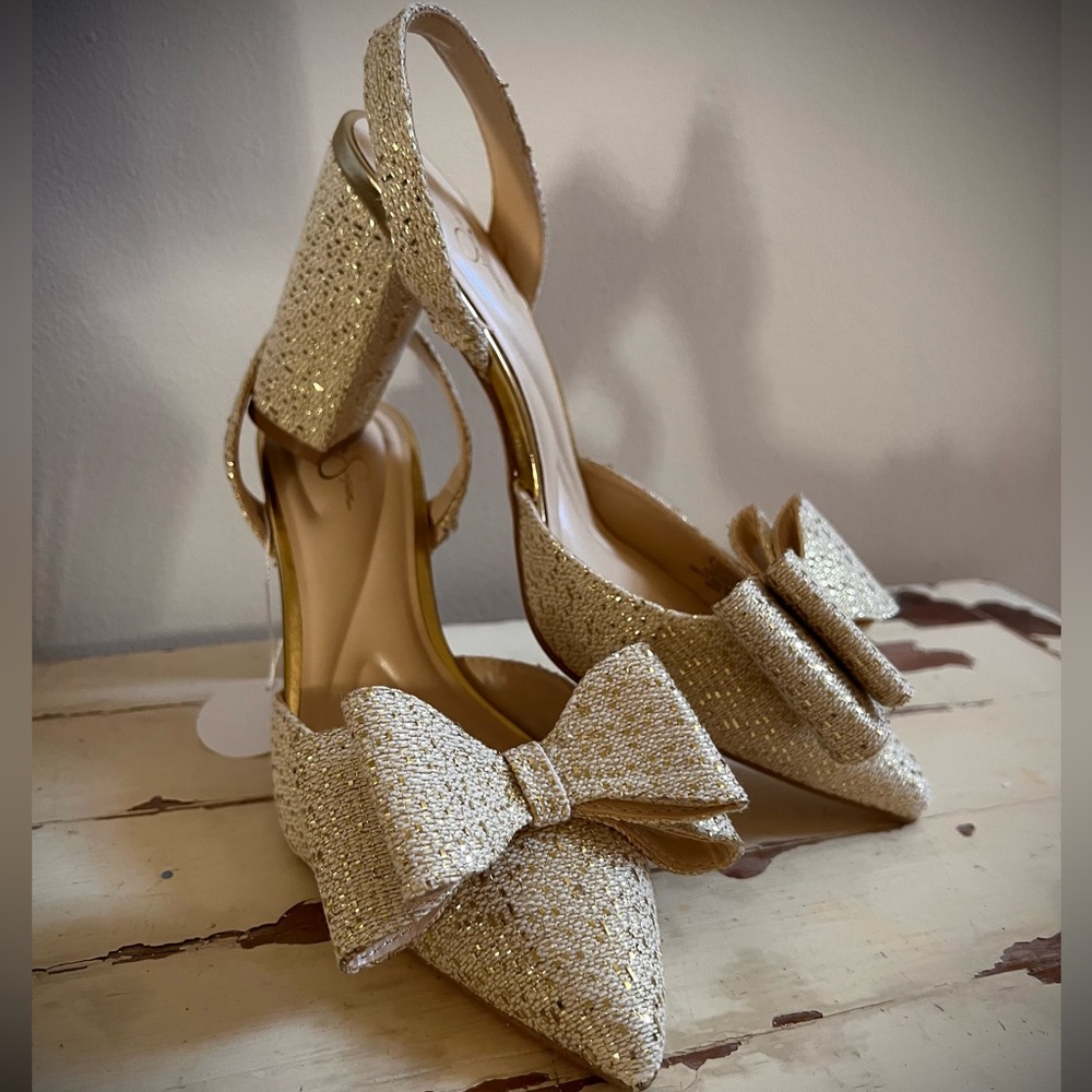 Jessica Simpson Glittering Gold Heels with Bow